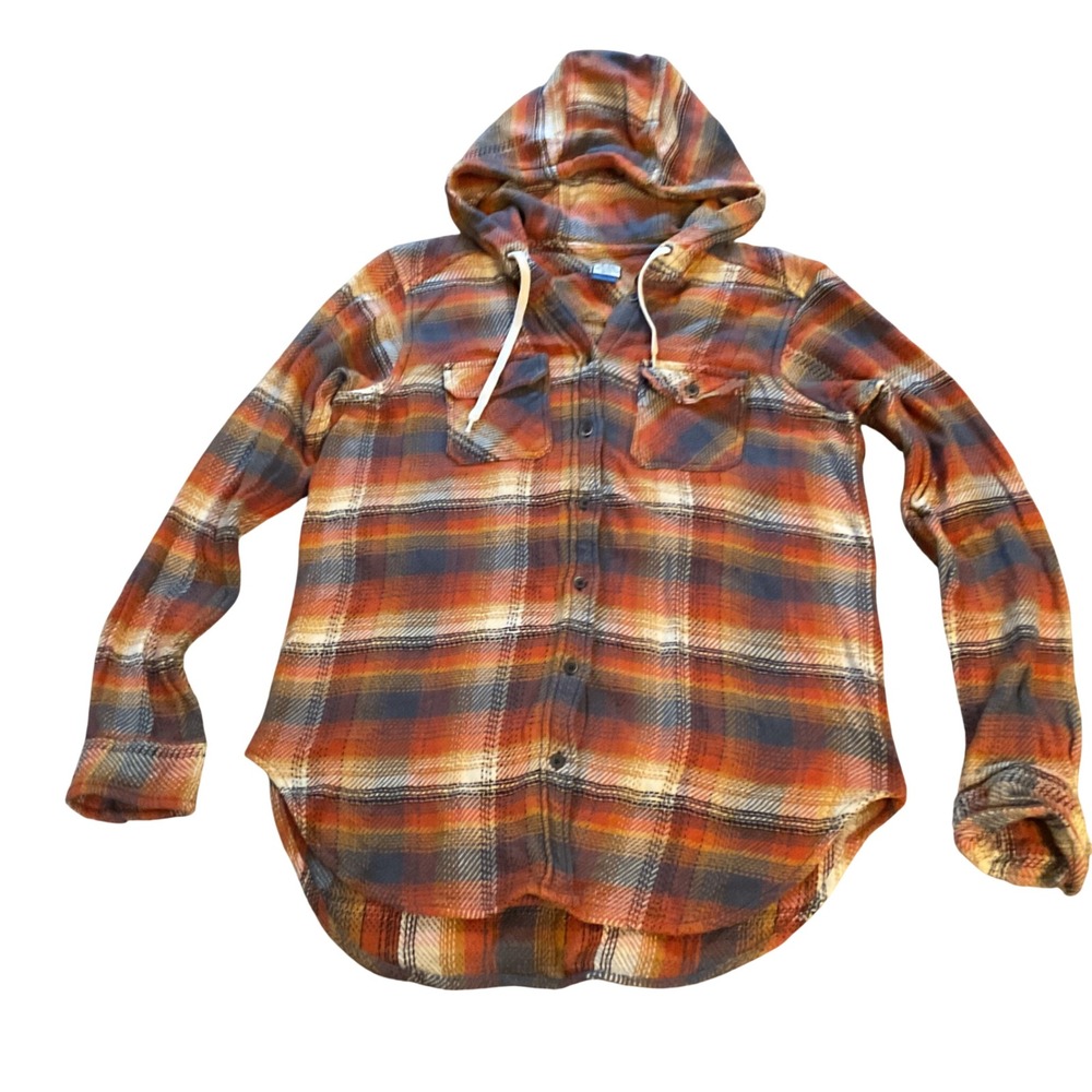 KAVU Womens Orange Blue Plaid Hooded Flannel Shirt Button Up Size Medium